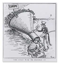 Political Cartoon Showing Uncle Sam Welcoming Immigrants Through a Funnel